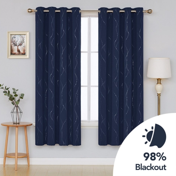 Deconovo Verdunkelungsvorhang mit Ösen Blickdichter Vorhang Verdunkelung für Wohnzimmer 2er Set, Vorhänge mit Silbermuster Schlafzimmer Thermovorhang Kälteschutz