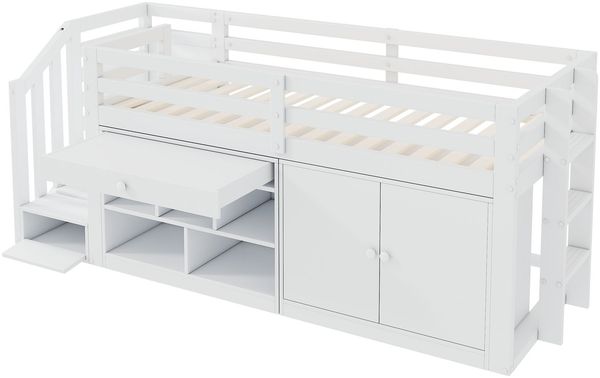 Kindereinzelbett 90×200 cm aus Massivholz mit Treppe und Stauraum, weiß Bild 9