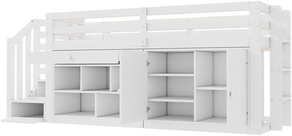 Kindereinzelbett 90×200 cm aus Massivholz mit Treppe und Stauraum, weiß Bild 10