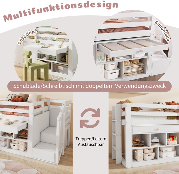 Kindereinzelbett 90×200 cm aus Massivholz mit Treppe und Stauraum, weiß Bild 7