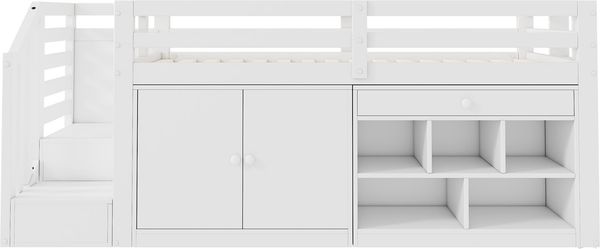Kindereinzelbett 90×200 cm aus Massivholz mit Treppe und Stauraum, weiß Bild 8