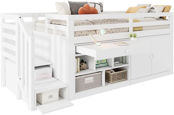 Kindereinzelbett 90×200 cm aus Massivholz mit Treppe und Stauraum, weiß Bild 5