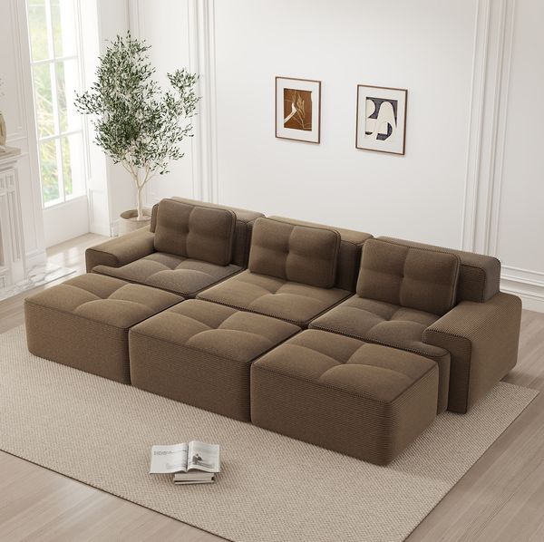 Ecksofa modular 69cm×293cm×177cm aus Cord in Braun – bodennahes Wohnzimmersofa mit Tiefsitz und flexiblen Modulen