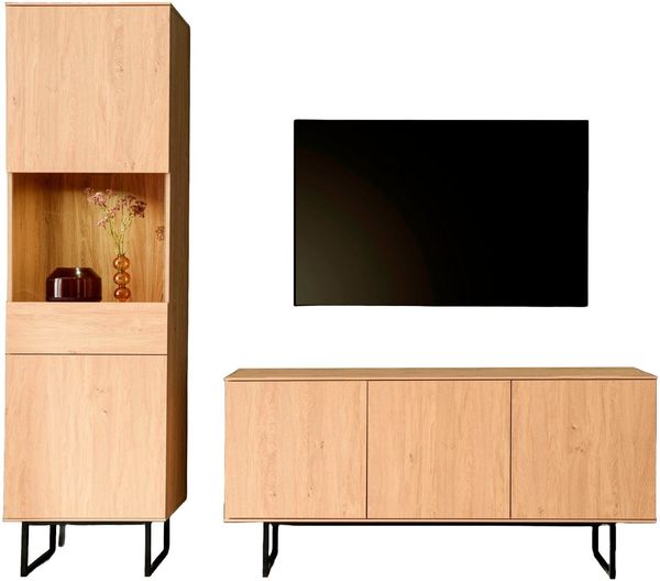 Home affaire Wohnwand Lund, moderne Anbauwand, Wohnzimmer-Set in Stone Oak, (2-St), enthält Vitrine und Lowboard