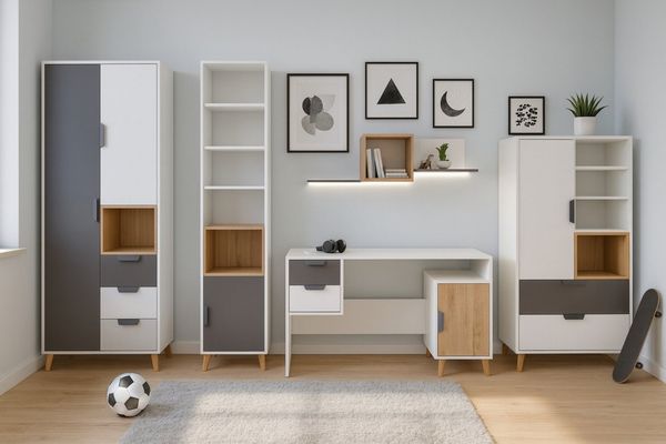 Deine Möbel 24 Jugendzimmer-Set JUSTIN A Kinderzimmer-Set in Weiß / Graphit / Grau / Eiche, (Kindermöbel Set, Jugendmöbel Set, 5-tlg, Erweiterbar mit weiteren Elementen der Möbelserie JUSTIN), Inklusive: Kleiderschrank, Regal, Schreibtisch, Kommode und...
