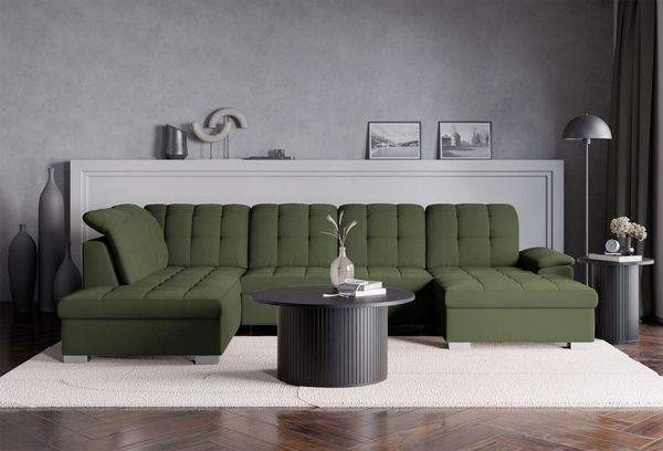 Selsey Ecksofa 330x212 cm U-Form Khaki Modular Couch Sofa Mit Schlaffunktion Ottomane Sofa Mit Stauraum/Bettkasten verstellbare Kopfstützen Wasserabweisend, Abriebfest Rechtse Seite