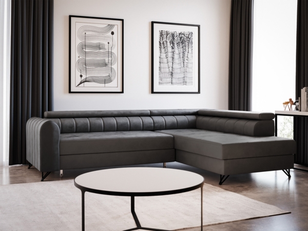 Ecksofa Alice mit Schlaffunktion und Bettkasten, Wohnlandschaft mit einstellbare Kopfstützen, Couch, Sofa, Bettsofa, Schlafsofa (Graphit (Kronos 22), Ecksofa Rechts)