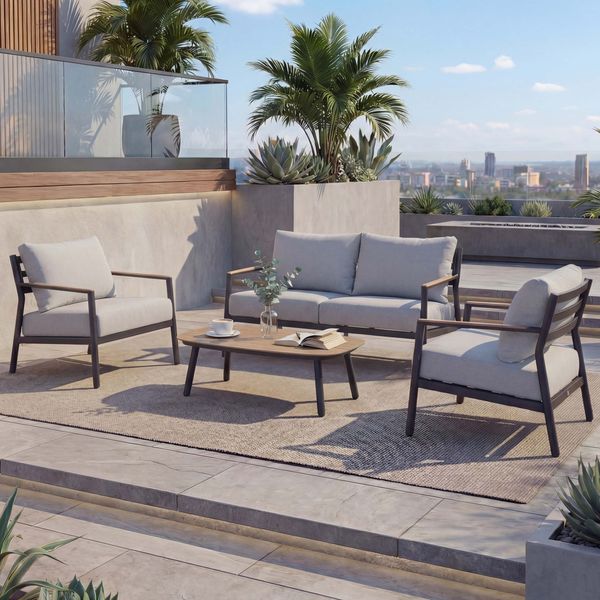 Aluminium Gartengarnitur HWC-P79, Lounge-Set Sitzgruppe Sofa Gartenlounge, Stoff/Textil Olefin 210g/m² ~ hellgrau
