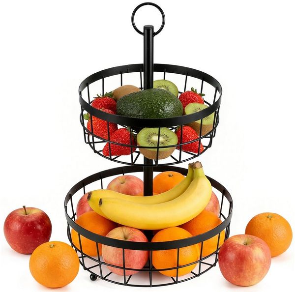 BlingBin Obstschale 2 Etagen Obstkorb Metall, Rund Obst Etagere - Ø23 und 30 cm, Schwarz, Schmiedeeisen, (1er Set, 1-tlg), Obstschale Lagerung Küchenregal für Kuchen, Süßigkeiten, Gemüse