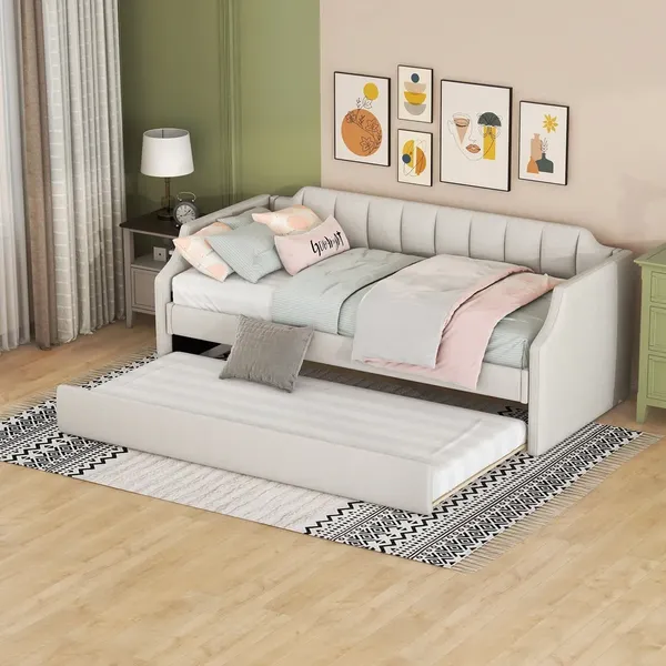 Schlafsofa mit Bettfunktion, Ausziehbett und Lattenrost, 90x200 cm/90x190 cm, Einzelbett, Jugendbett, Leinen