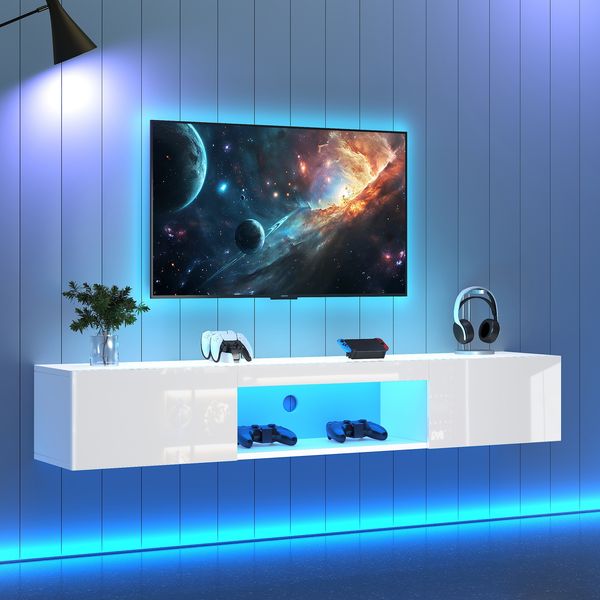 TV-Schrank 160x31x22 cm Weiß Hochglanz, wandhängend mit LED, offenem Fach und zwei Seitentüren