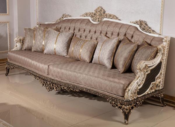 Casa Padrino Luxus Barock Sofa Grau / Weiß / Dunkelbraun / Gold 255 cm