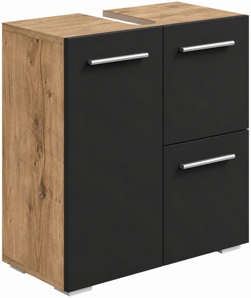 Badplaats Waschbeckenunterschrank Mars 60 x 30 cm Kastanien Eiche mit Schwarz Matt - Stehender Badezimmerschrank mit 2 Türen und 1 Schublade