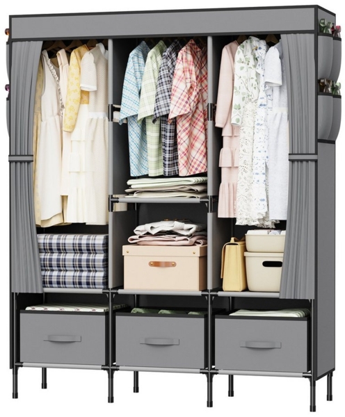 loefme Stoffschrank Kleiderschrank mit Kleiderstangen und 3 Aufbewahrungsboxen (1 set) 130 x 45 x 170 cm