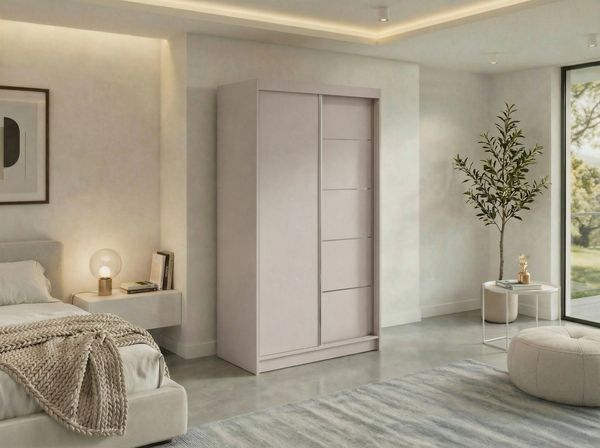 Moderner Schwebetürenschrank MACEDONIA, Kleiderschrank in Kaschmir Color, Breite 120 cm, minimalistisches Design, Inkl. Innenausstattung - mit Schubladen