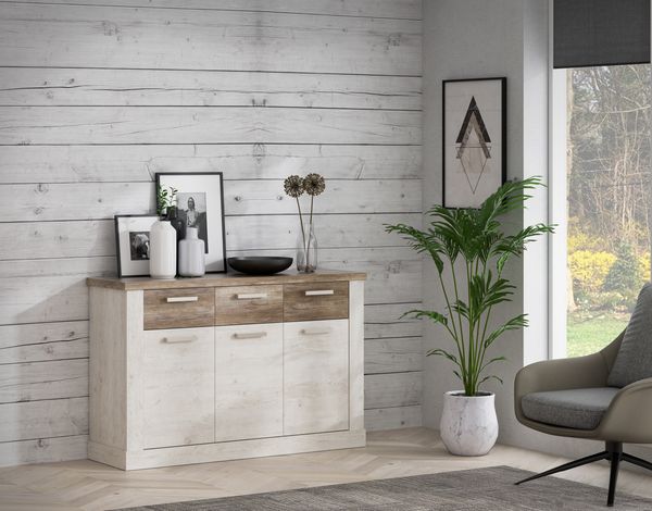 FORTE Duro Sideboard, Holzwerkstoff, Weiß/Beige/Braun, 140,8 x 90,3 x 41,3 cm