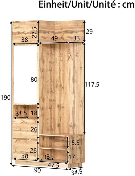Flurgarderobe Kompakt mit Spiegel, Sitzbank & Schuhregal, Natur, 90x34,5x190 cm Bild 10