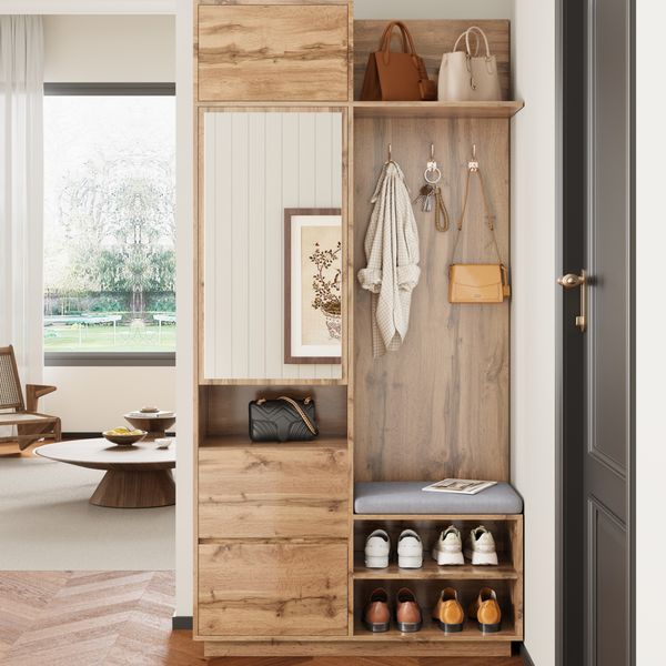 Flurgarderobe Kompakt mit Spiegel, Sitzbank & Schuhregal, Natur, 90x34,5x190 cm