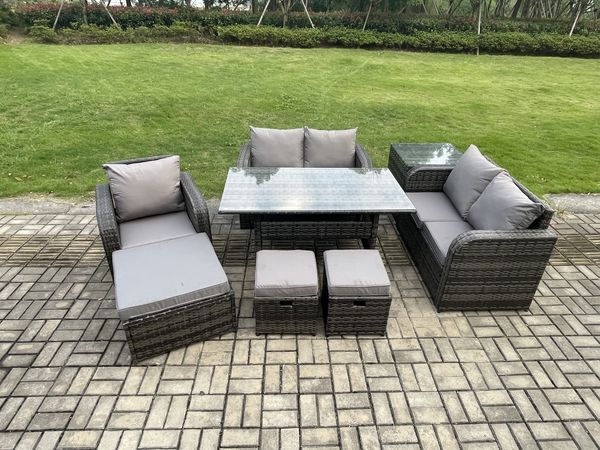 Fimous 8 Sitzer Rattan Garten Sofa Set Gartenmöbel Langer Rechteckiger Esstisch mit Sesseln 3 Fußhockern Beistelltisch Dunkelgrau gemischt