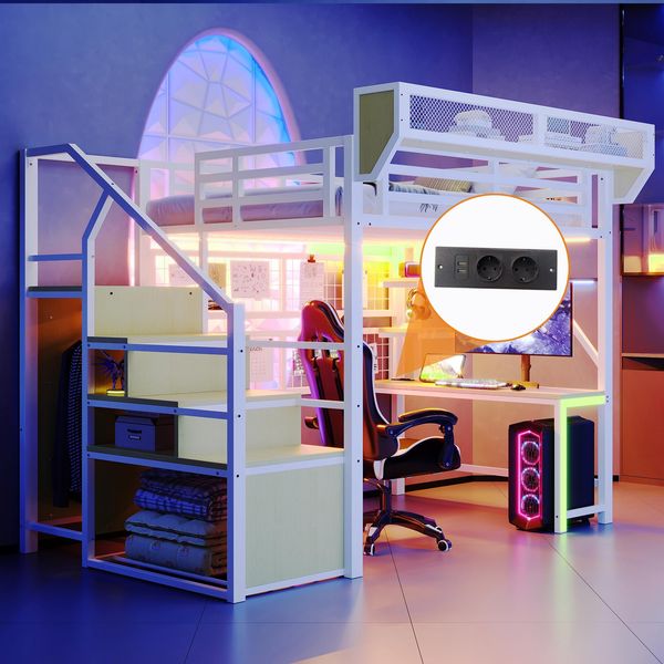 Ball & Cast Metall-Hochbett (140x200 cm) mit Schreibtisch, Steckdosen und Lichtleisten - Für Kinder, Jugendliche & Erwachsene, Ohne Matratze, Weiß