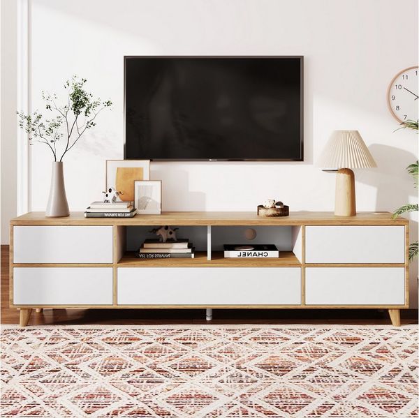 REDOM TV-Schrank Modernes TV-Gerätemöbel in Weiß & Holz (mit 5 Türen, Wildeiche TV Schrank, Fernsehtisch TV Board, MDF-Material) mit Fächern & Türen