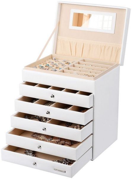 Yorbay Schmuckkasten Schmuckkästchen mit 6 Ebenen, 5 Schubladen (Mit Spiegel), zwei Farben, für Halsketten, Ringe, Armbänder, Ohrringe
