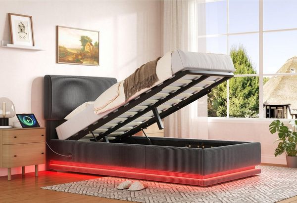 LVHOM Boxbett 90/140/160/180x200cm Nadelstreifen Bettgestell mit Bettkasten (mit LED-Leuchten in 12 Farben, Seitlicher USB-Ladeanschluss, Integriertes Hydrauliksystem, Weicher, hautfreundlicher Samtstoff, Platzsparend, Polsterbett/Doppelbett/Stauraumbe...
