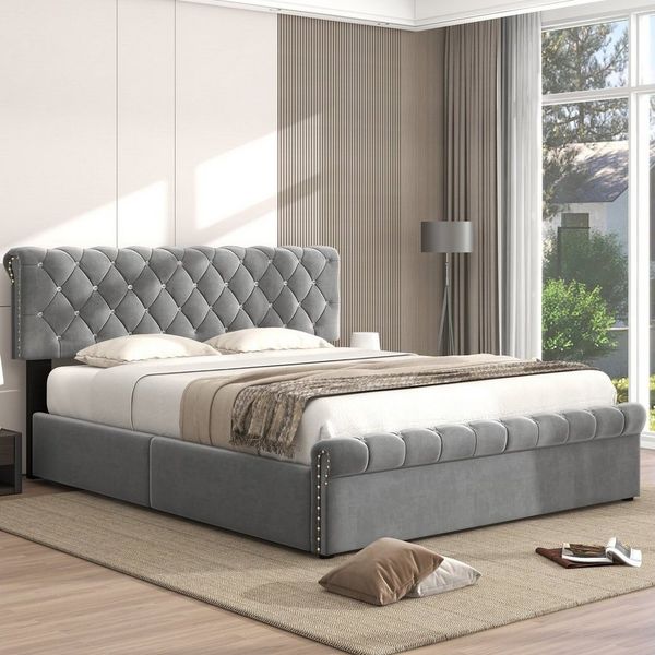 Odikalo Stauraumbett Polsterbett Doppelbett Samt verstellbares Kopfteil 140/180x200cm grau