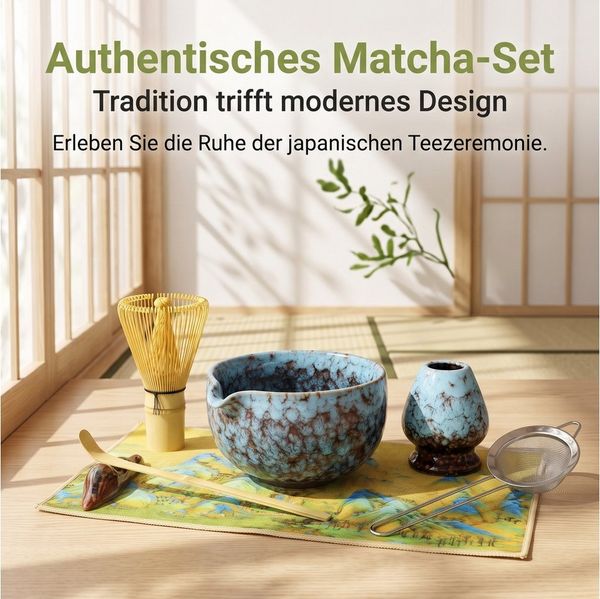 SURFOU Teeservice Matcha Set 7-teilig mit Schale Bambusbesen Sieb Zubehör (7-tlg)