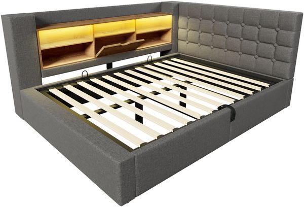 Merax Polsterbett 140x200 cm Doppelbett mit LED-Beleuchtung, hydraulischem Stauraum, L-förmigem Kopfteil mit Stauraum, beidseitig montierbar, Leinen, Grau (Ohne Matratze) Bild 9