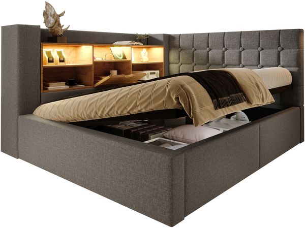 Merax Polsterbett 140x200 cm Doppelbett mit LED-Beleuchtung, hydraulischem Stauraum, L-förmigem Kopfteil mit Stauraum, beidseitig montierbar, Leinen, Grau (Ohne Matratze) Bild 10