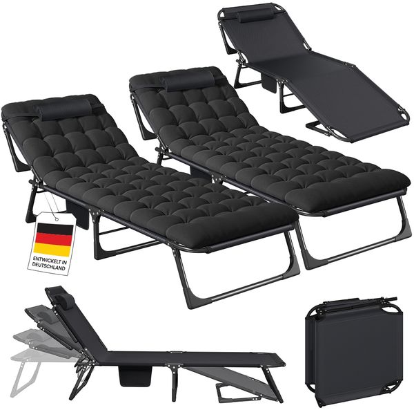 STEELSØN 'Nysaris' Sonnenliege mit Polsterauflage, schwarz, klappbar und leicht transportierbar, Gartenliege mit Seitentasche, Outdoor Liegestuhl bis 180 kg, 2er Set