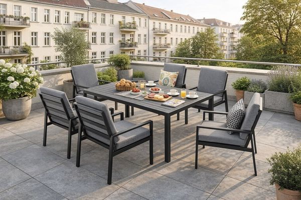 MeXo Gartenlounge-Set Lounge Gartenmöbelset Aluminium Wetterfest, (Garten Essgruppe für 6 Personen, 7-tlg, 6 Sessel, Esstisch 140 x 80 x 70 cm), 85 cm Rückenlehne, hoher Sitzkomfort