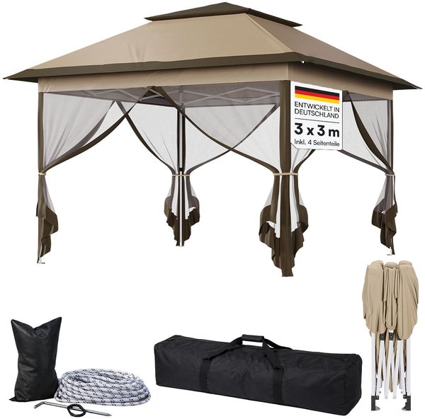 STEELSØN 'Xanaris' Pavillon 3,3x3,3 m, braun, wasserdicht, stabil und UV-beständig, Faltpavillon 3-fach höhenverstellbar, Gartenpavillon mit Doppeldach und 4 Seitenteilen, Pop Up Pavillon inkl. Tragetasche