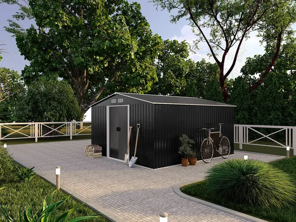 Vente-unique - MANSO Gartenhaus Metall Grau - B 377 cm x H 170 cm x L 312 cm