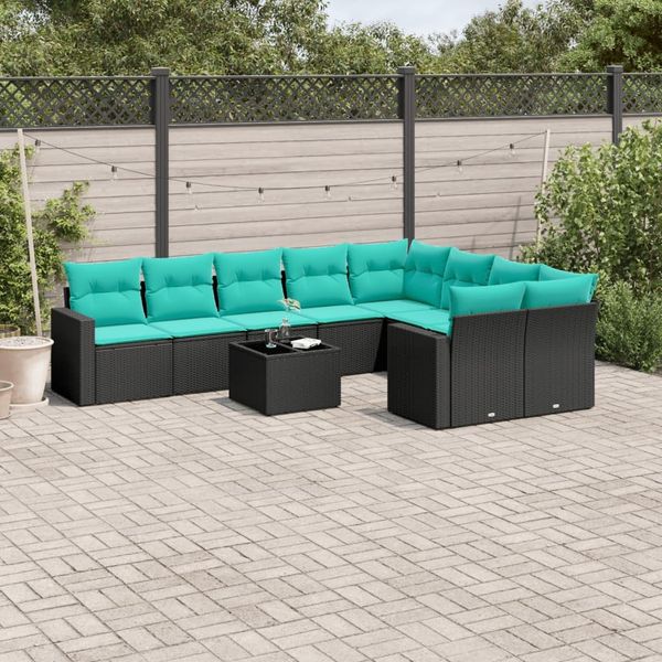 vidaXL 10-tlg. Garten-Sofagarnitur mit Kissen Schwarz Poly Rattan 3219437
