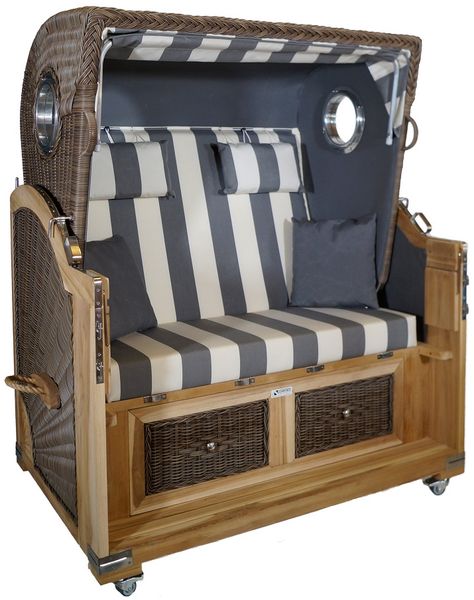 Strandkorb Teak XL grau / cremeweiß Stoff 2½ Sitzer
