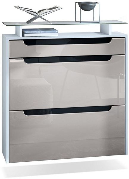 Vladon Schuhschrank Annie, Schuhkipper für 16 Paar Schuhe mit 2 Klappen, 1 Schublade und Glasablage, Weiß matt/Sandgrau Hochglanz/Schwarz Hochglanz (89 x 96 x 23 cm)
