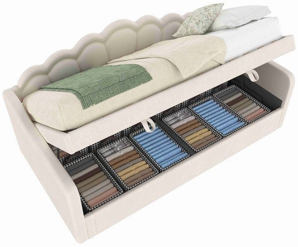 BlingBin Polsterbett Daybett Schlafsofa Einzelbett (1-tlg, Samt-Bett mit gewelltem Kopfteil, mit LED&Hydraulischem Bettkasten), Beige, 90x200cm, Ohne Matratze