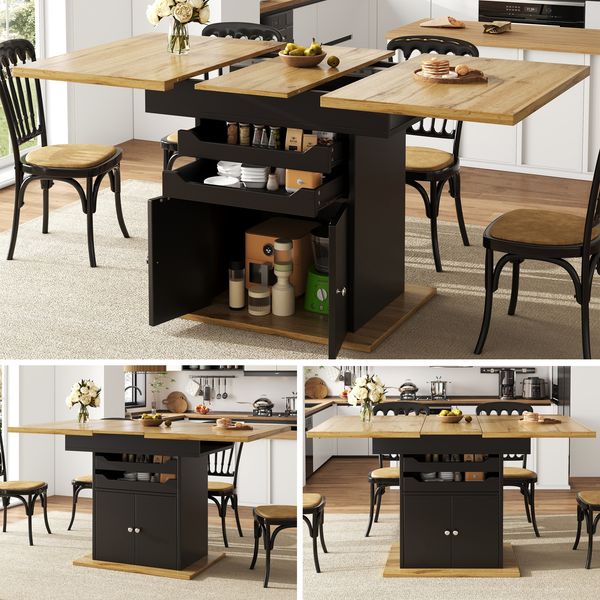 Esstisch Teleskoptisch(110-140×80cm), klappbarer Küchentisch für 4-6 Personen, Ausziehbarer Esstisch ,platzsparender Küchentisch, Tisch mit zwei Schubladen und einem Aufbewahrungsschrank
