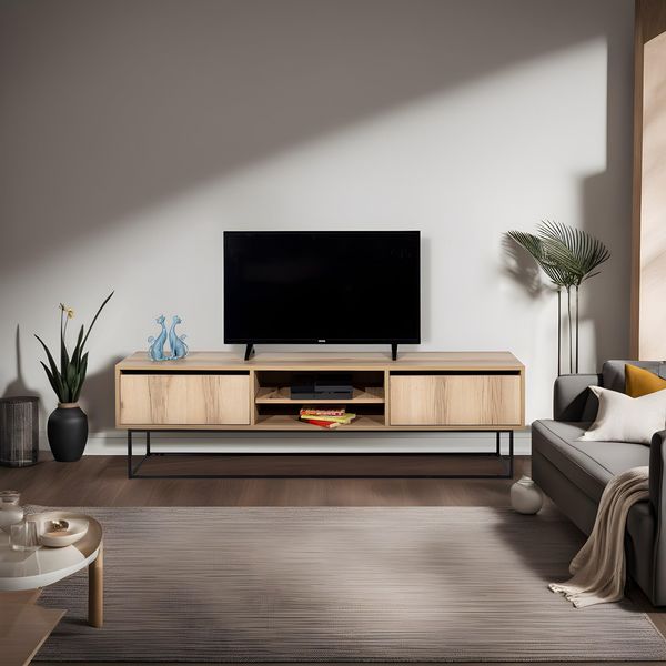 Hanah Home Industrial TV Stand with Iron Legs, 180 cm | 100% Melamine Coated Particle Board, 18 mm Thick | 2 Drawers, Multiple Shelves, Felt & Black Finish