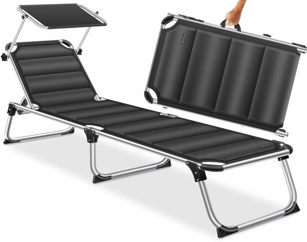 KESSER® Sonnenliege SUN mit Dach Gartenliege Liegestuhl klappbar Sonnendach Verstellbarer Rückenlehne , ergonomisch, gepolsterter Liegefläche, Aluminium Liege Gartenstuhl tragbar Strandliege Schwarz