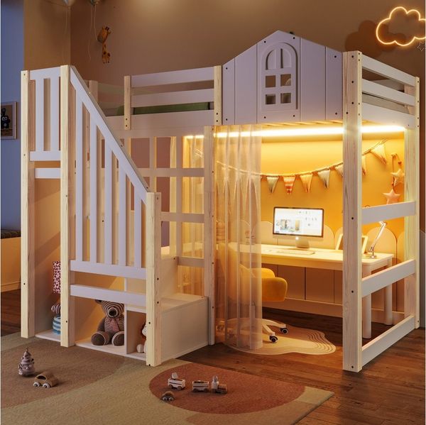 Flieks Hochbett Kinderbett Hausbett 90×200cm mit LED, Gazevorhang, Stauraumtreppe