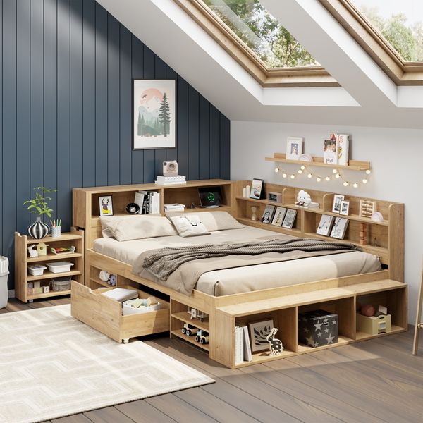 Merax Doppelbett 140 x 200 cm, Jugendbett, Kinderbett mit Schubladen, Bücherregal & Stauschrank, mit Lattenrost, Natur