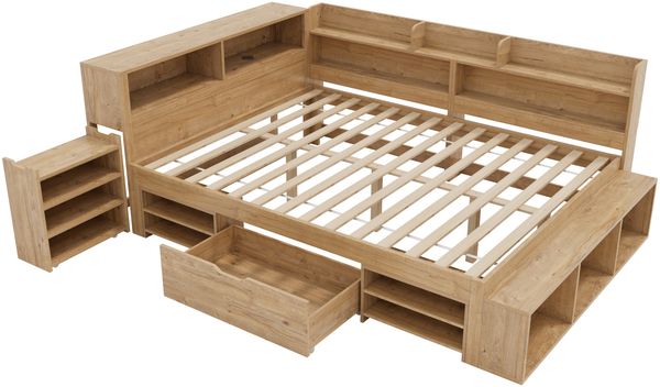 Merax Doppelbett 140 x 200 cm, Jugendbett, Kinderbett mit Schubladen, Bücherregal & Stauschrank, mit Lattenrost, Natur Bild 9