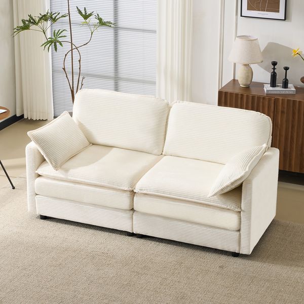 2-Sitzer-Sofa aus Kordstoff mit Holzrahmen, modulares Design, Weiß, ohne Dekokissen