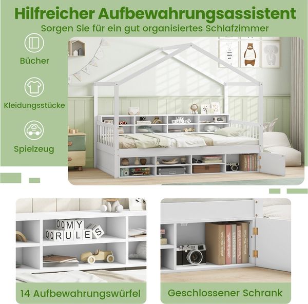 Hausbett 200 x 90 cm Kinderbett in Hausform mit Rausfallschutz & Lattenrost mit 14 Fächern Weiß