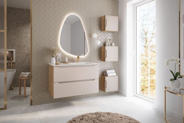 Badmöbel Set 5-tlg Badezimmerset LAXY Eiche Beige Schrank 90cm inkl. Waschtisch