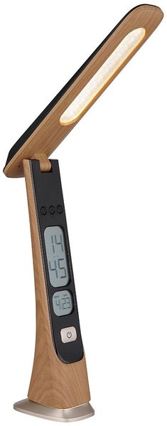 LED Tischleuchte, Touchdimmer, Uhr, Datum, braun, H 31,4 cm