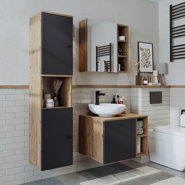 Roomart LOTUS-I-65 Badmöbel Set– 4-teiliges Badezimmermöbel Set - Waschbeckenunterschrank mit Keramikwaschbecken, Spiegelschrank & Hochschrank - H 45 x B 45 x T 65 cm • Anthrazit-Eiche